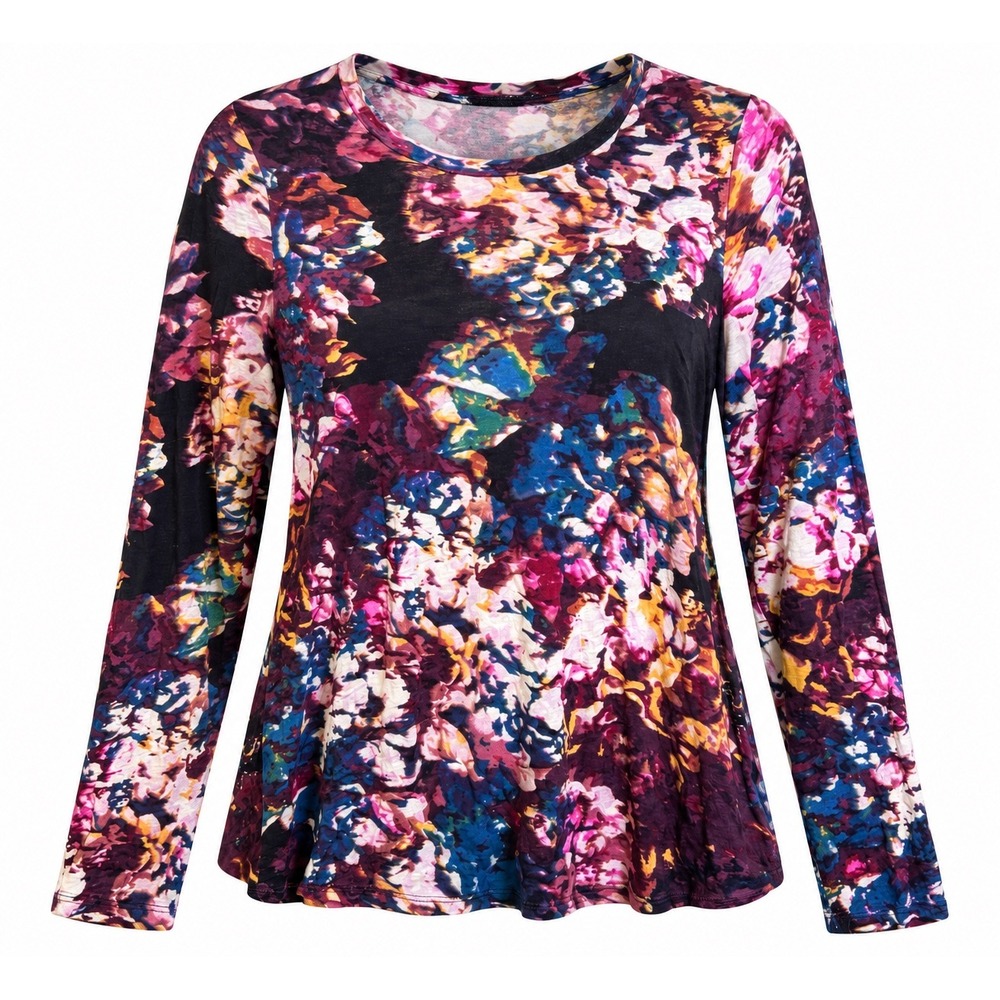 WHOWHATWEAR Women's Small Floral Linen Blend Long Sleeve Top Multicolor Artsy